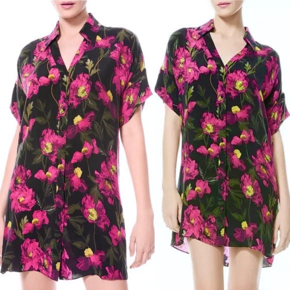 Alice + Olivia 100% Silk Lucette Floral Print Mini Shirt Dress Dropped Shoulder - Picture 4 of 11
